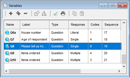 Variables window showing the list of variables in the survey