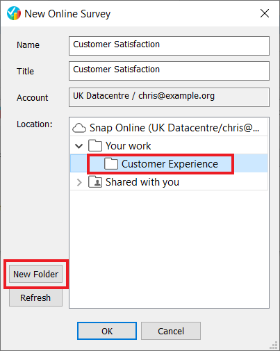 New Online Survey dialog with red boxes highlighting the New Folder button and the Location folder