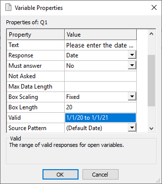 Entering a valid date range in the Variable Properties dialog